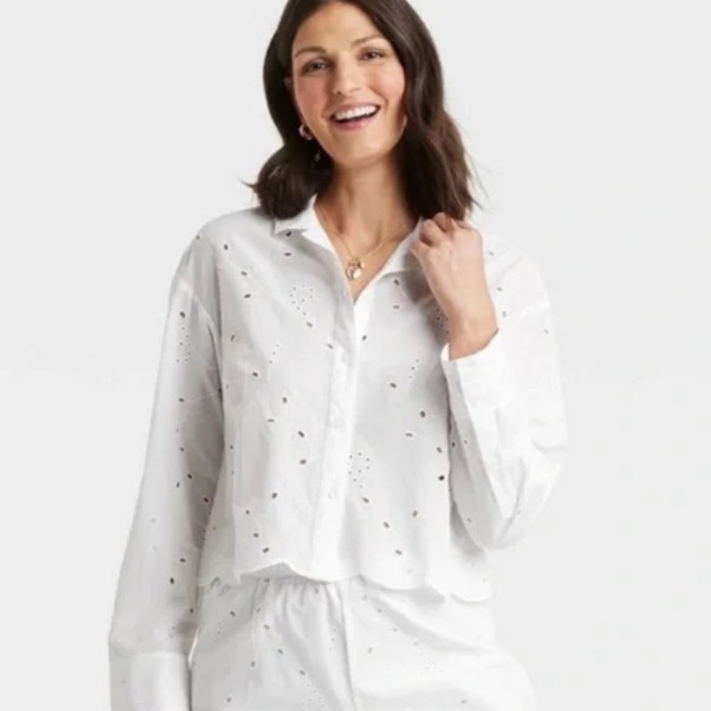 A New Day White Eyelet Long Sleeve Blouse size S